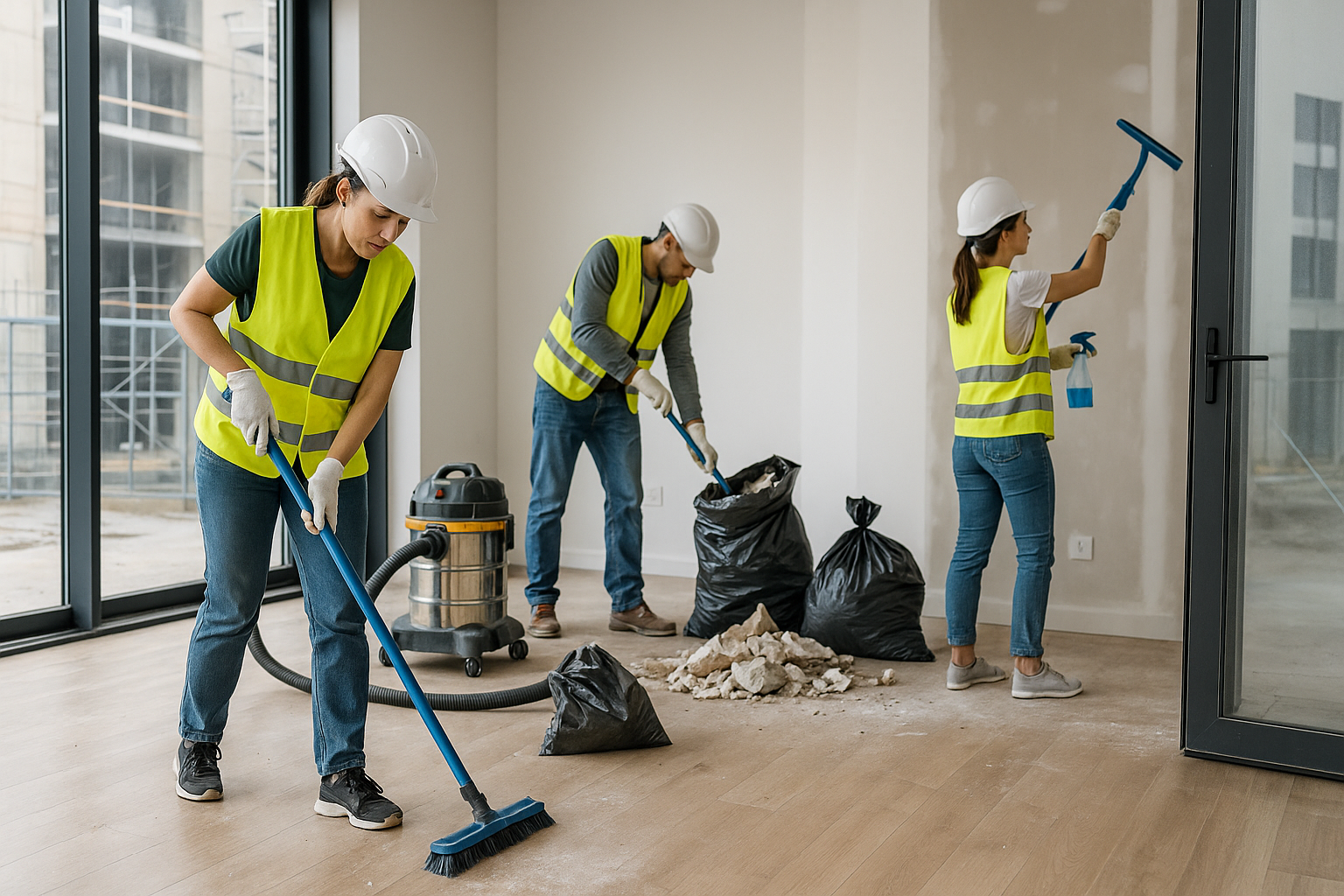 Nettoyage de fin de chantier avec évacuation des gravats et remise en état des locaux par une équipe professionnelle.