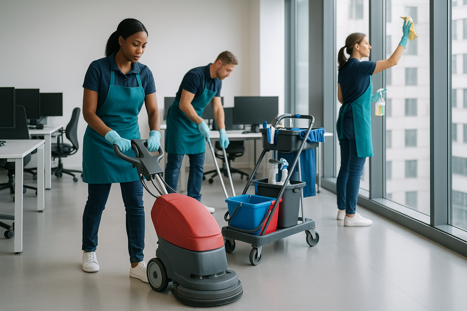 équipe de nettoyage professionnel en intervention dans des bureaux modernes