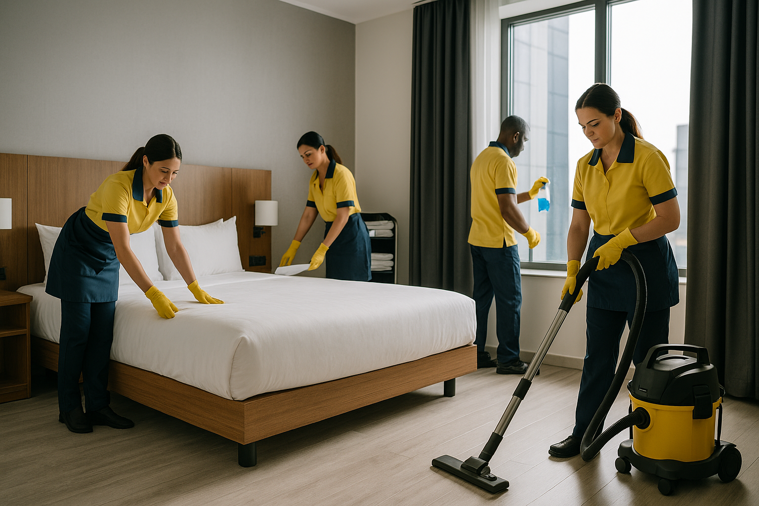 Agents de ménage professionnels effectuant le nettoyage d’une chambre d’hôtel moderne en 2025 avec services de qualité.